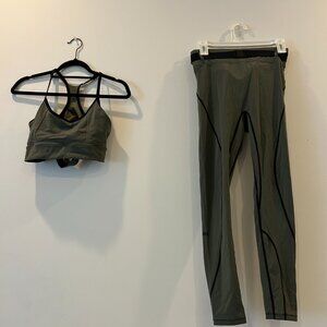 Bandier Solid & Striped Trek Belt Bag Olive Legging + Sports Bra Matching Set